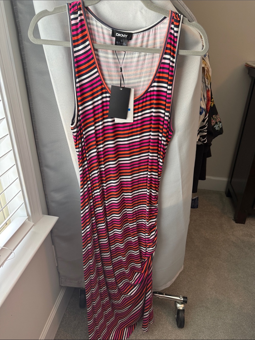 DKNY Pink Orange Black White Striped Tank Maxi Dress